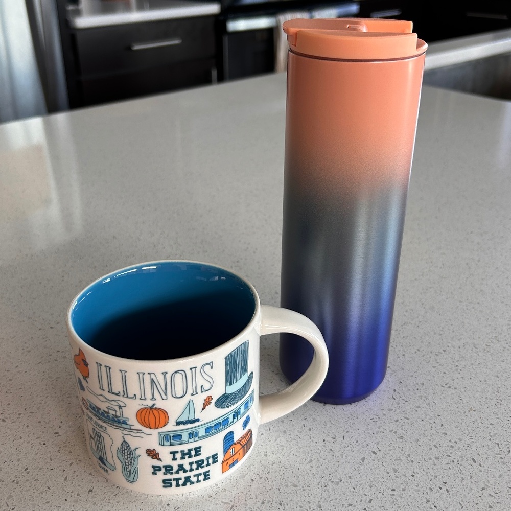 Pair of Starbucks Mugs - Ceramic Illinois Mug & Metal Blue/Peach Travel Mug